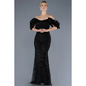 Kısa Kol Boncuklu Uzun Taşlı Balık Abiye Elbise ABU4509