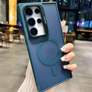 Samsung Galaxy S24 Fe ile Uyumlu Kamera Lens Aparatlı Stand Olabilen Magsafe ile Uyumlu Kamera Korumalı Şeffaf Full Color Magnetic Wireless Telefon Kılıfı Navy Blue