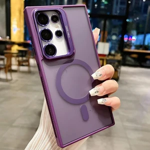 Samsung Galaxy S24 Fe ile Uyumlu Kamera Lens Aparatlı Stand Olabilen Magsafe ile Uyumlu Kamera Korumalı Şeffaf Full Color Magnetic Wireless Telefon Kılıfı Deep Purple