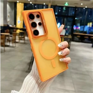 Samsung Galaxy S24 Fe ile Uyumlu Kamera Lens Aparatlı Stand Olabilen Magsafe ile Uyumlu Kamera Korumalı Şeffaf Full Color Magnetic Wireless Telefon Kılıfı Orange