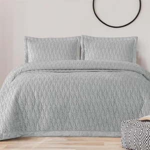 Art Deco Kadife Nakışlı Yatak Örtüsü Çift Kişilik Gri