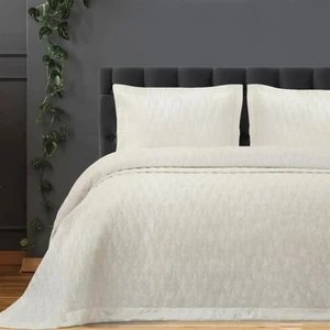 Art Deco Kadife Nakışlı Yatak Örtüsü Çift Kişilik Krem