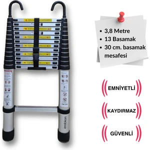 13 Basamak - 380 Cm. Kancalı Teleskobik / Teleskopik Alüminyum Merdiven - I Tipi Uzayan Merdiven