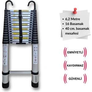 620 Cm. - 16  Basamaklı Kancalı Teleskobik / Teleskopik Alüminyum Merdiven - I Tipi Uzayan Merdiven
