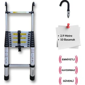 10 Basamak - 290 Cm. Kancalı Teleskobik / Teleskopik Alüminyum Merdiven - I Tipi Uzayan Merdiven