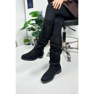 Günlük Kadın Diz Altı Çizme Körüklü Alçak Topuklu Tırtıklı Tabanlı Kürklü Astarlı Püskül Detay 1045