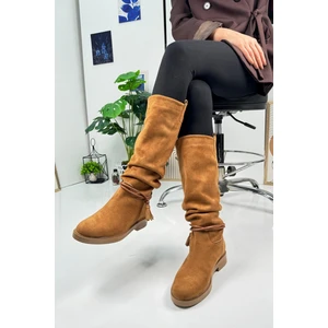 Günlük Kadın Diz Altı Çizme Körüklü Alçak Topuklu Tırtıklı Tabanlı Kürklü Astarlı Püskül Detay 1045