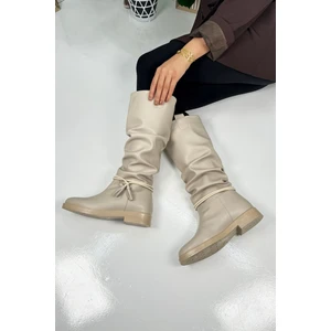 Günlük Kadın Diz Altı Çizme Körüklü Alçak Topuklu Tırtıklı Tabanlı Kürklü Astarlı Püskül Detay 1045