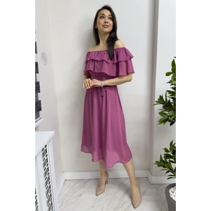 ZKS Grup Tekstil Gül Kurusu Madonna Carmen Fırfır Yaka Büyük Beden Şifon Elbise