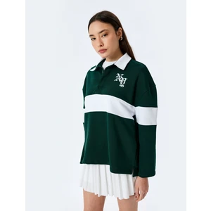 Polo Yaka Nakışlı Düğmeli Renk Bloklu Oversize Sweatshirt