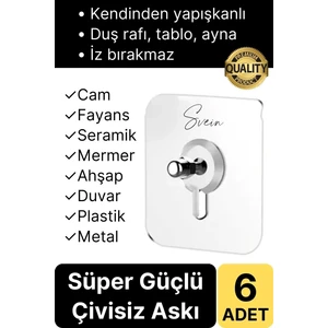 6 Adet Süper Güçlü Kendinden Yapışkanlı Tutunabilen Çok Amaçlı Çerçeve Tablo Banyo Duş Mutfak Askı