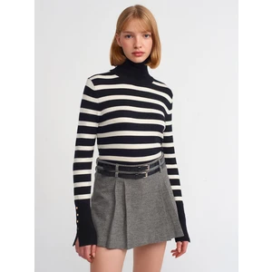 Balıkçı Yaka Çizgili Droplu Kazak Siyah