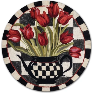 Kilim Home Mars 175 Kırmızı Laleler ve Dama Desenli Dokuma Taban Yuvarlak Halı