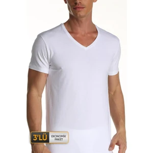 Çift Kaplan Erkek Elastanlı V Yaka Beyaz T-Shirt 0956 3'lü Paket