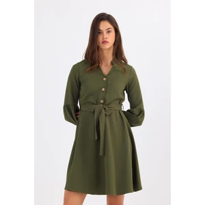 Kadın Dokuma Kumaş Dört Mevsim Düğmeli Balon Kol Detaylı Elbise 4504-95