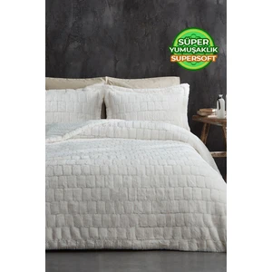Evlen Home Collection Çift (Taraflı) Kişilik Kürk Yatak Örtüsü Uyku Seti Yumuşak Dolgulu Wellsoft Peluş 3 Parça Benita Krem