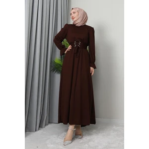 Kuş Gözlü Kuşaklı Elbise Kahve