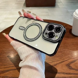 iPhone 16 Pro Max Uyumlu Kılıf Simli Parlak 3D Kamera Korumalı Magsafe Şarj Özellikli Arkası Şeffaf