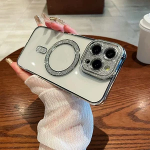 iPhone 16 Pro Max Uyumlu Kılıf Simli Parlak 3D Kamera Korumalı Magsafe Şarj Özellikli Arkası Şeffaf