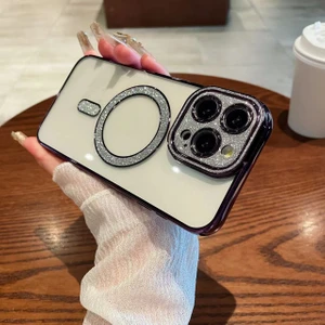 iPhone 16 Pro Max Uyumlu Kılıf Simli Parlak 3D Kamera Korumalı Magsafe Şarj Özellikli Arkası Şeffaf
