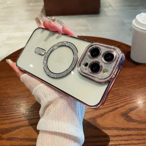 iPhone 16 Pro Max Uyumlu Kılıf Simli Parlak 3D Kamera Korumalı Magsafe Şarj Özellikli Arkası Şeffaf