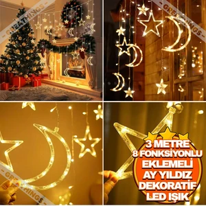 3 Metre 8 Mod Ay Yıldız Perde LED | Büyük Boy Ay Yıldız Dekoratif Lamba LED Işık