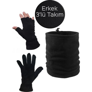 Erkek Siyah Kışlık Termal Polar Kesik Parmak Eldiven Polar Eldiven Polar Ipli Bere Boyunluk 3'lü Set