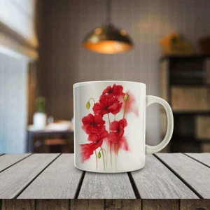 Kırmızı Gelincik Çiçeği Baskılı Hediyelik Kupa BARDAK-K0214