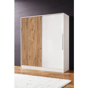 AE-4001 Zambak Sürgülü Dolap Çok Raflı Çekmeceli Askılı Beyaz Kasalı (Çam-Beyaz Kapaklı)  Gardırop