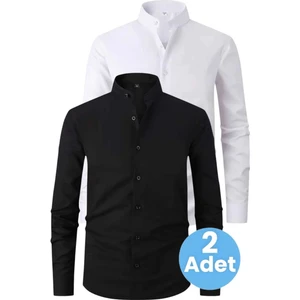 2'li  Hakim Yaka  Slim Fit  Nefes Alan Kolay Ütülenen Dört Mevsim Erkek Gömlek