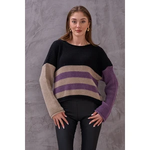 Kadın Renkli Çizgli Balon Kol Triko