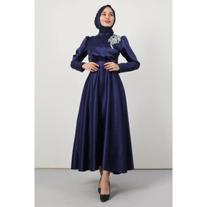 Omzu Taşlı Saten Abiye Lacivert