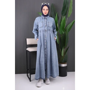 Mavi Bel Lastikli Düğmeli Kot Elbise