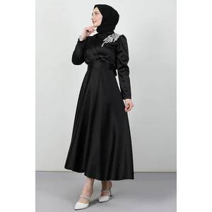 Omzu Taşlı Saten Abiye Siyah