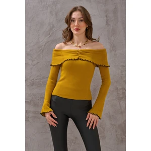 Kadın Madonna Yaka Zarif Dokulu Şık Fitilli Esnek Triko Kazak