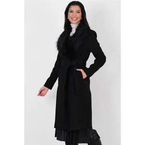 Pivetti Yakası Kürklü Kuşaklı Kaban SİYAH