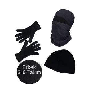 Erkek Siyah Kışlık Termal Polar Eldiven - Kar Maskesi Motorcu Kask Içi - Siyah Bere 3'lü Set Takım