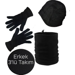 Erkek Siyah Çift Katlı Polar Kulaklı Bere - Kışlık Polar Eldiven - Ipli Bere Boyunluk 3'lü Set Takım