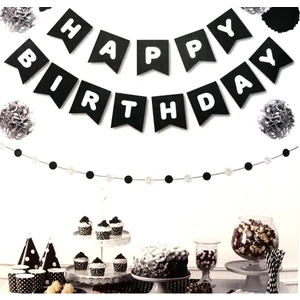 Siyah Üstüne Gümüş Gri Yaldızlı Happy Birthday Yazılı Doğum Günü Partisi Karton Ipli Yazı Banner