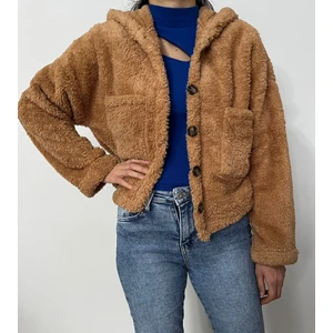 Kadın Önü Düğmeli Kapüşonlu Peluş Ceket