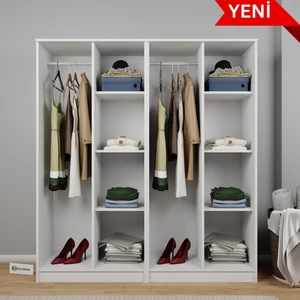 Kardelen Serisi 160  cm  Mat Beyaz 4 Kapılı 8 Raflı Elbise Dolabı - Gardırop Seti