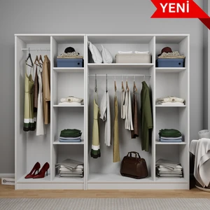 Kardelen Serisi 200  cm  Mat Beyaz 5 Kapılı 9 Raflı Elbise Dolabı - Gardırop Seti