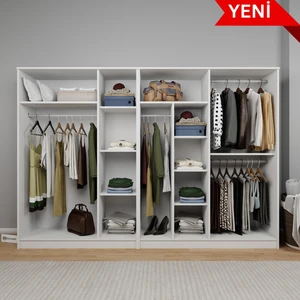 Kardelen Serisi 260  cm  Mat Beyaz 7 Kapaklı 10 Raflı Elbise Dolabı - Gardırop Seti