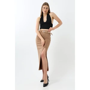 Taba Süet Etek Maxi Boy 92 cm Ön Yırtmaçlı /front Slit Maxı Long Suede Skırt