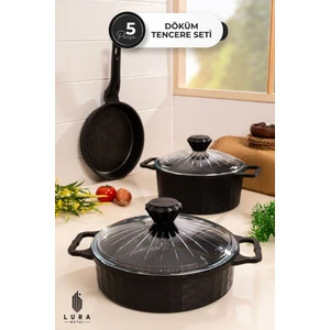 5 Parça Granit Döküm Siyah Tencere Seti -  3 Kat Granit Kaplama 27 cm