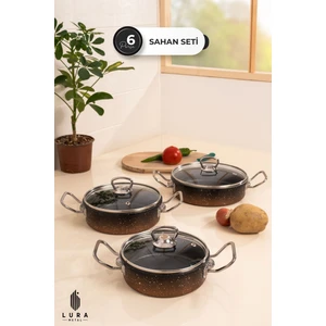 6 Parça Siyah Granit Sahan Seti - Cam Kapaklı ve Metal Kulplu Dayanıklı Tasarım (16, 18, 20 Cm)