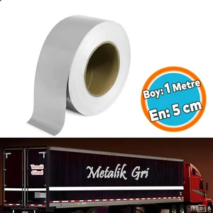 Metalize Gri Renk Düz Desensiz Reflektörlü Bant Gece Parlayan En 5 cm 1 mt Ikaz Bandı Reflektif