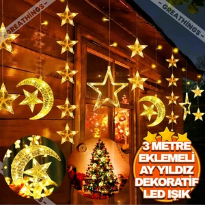 3 Metre Ay Yıldız Perde LED | 8 Fonksiyonlu Eklemeli Gün Işığı Dekoratif Perde LED Işık