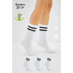 Bamboo Star Bambu Tenis Çizgili Premium  Kolej Çorabı Unisex Beyaz Dikişsiz Soket Çorap 3'lü Paket