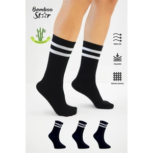 Bamboo Star Bambu Tenis Çizgili Premium  Kolej Çorabı Unisex Siyah Dikişsiz Soket Çorap 3'lü Paket